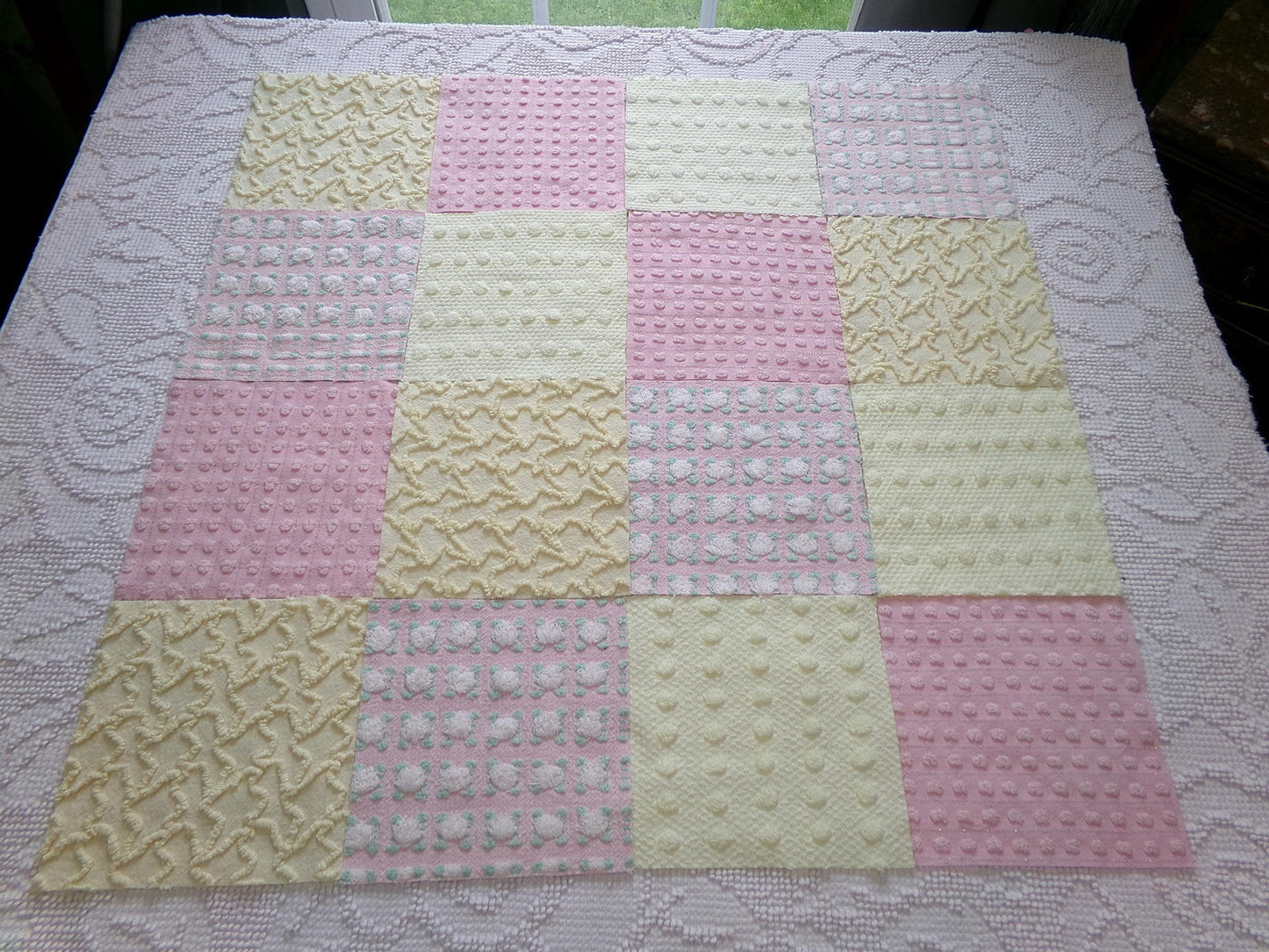 cheerful spring chenille fabric squares, set of 16 vintage pink & yellow quilt blocks 6" ea, rosebud, squiggles for crafts, quilting
