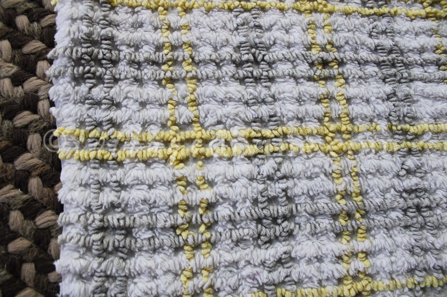 Stormy Grey, Sunny Yellow Plaid Vintage Chenille FABRIC PIECE, 17" x 26" inches, Cabin Crafts Texturized Contrast Needletufting