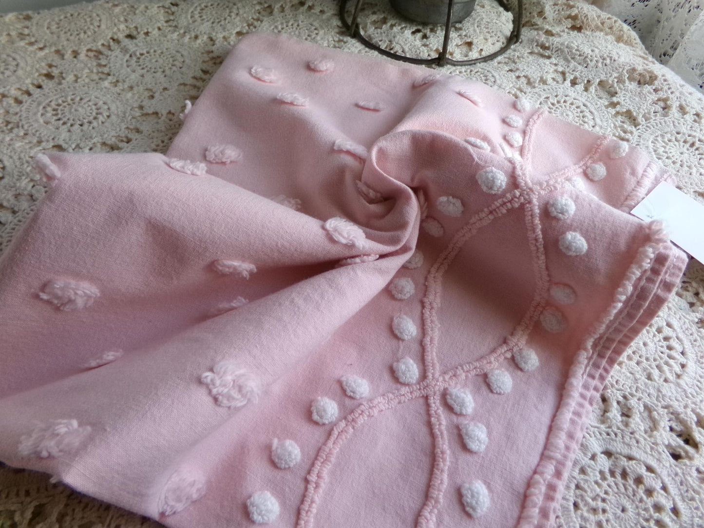 petal pink feminine chenille fabric, vintage sewing material with wideset pops & infinity link accents, lightweight 20" x 27" inch piece