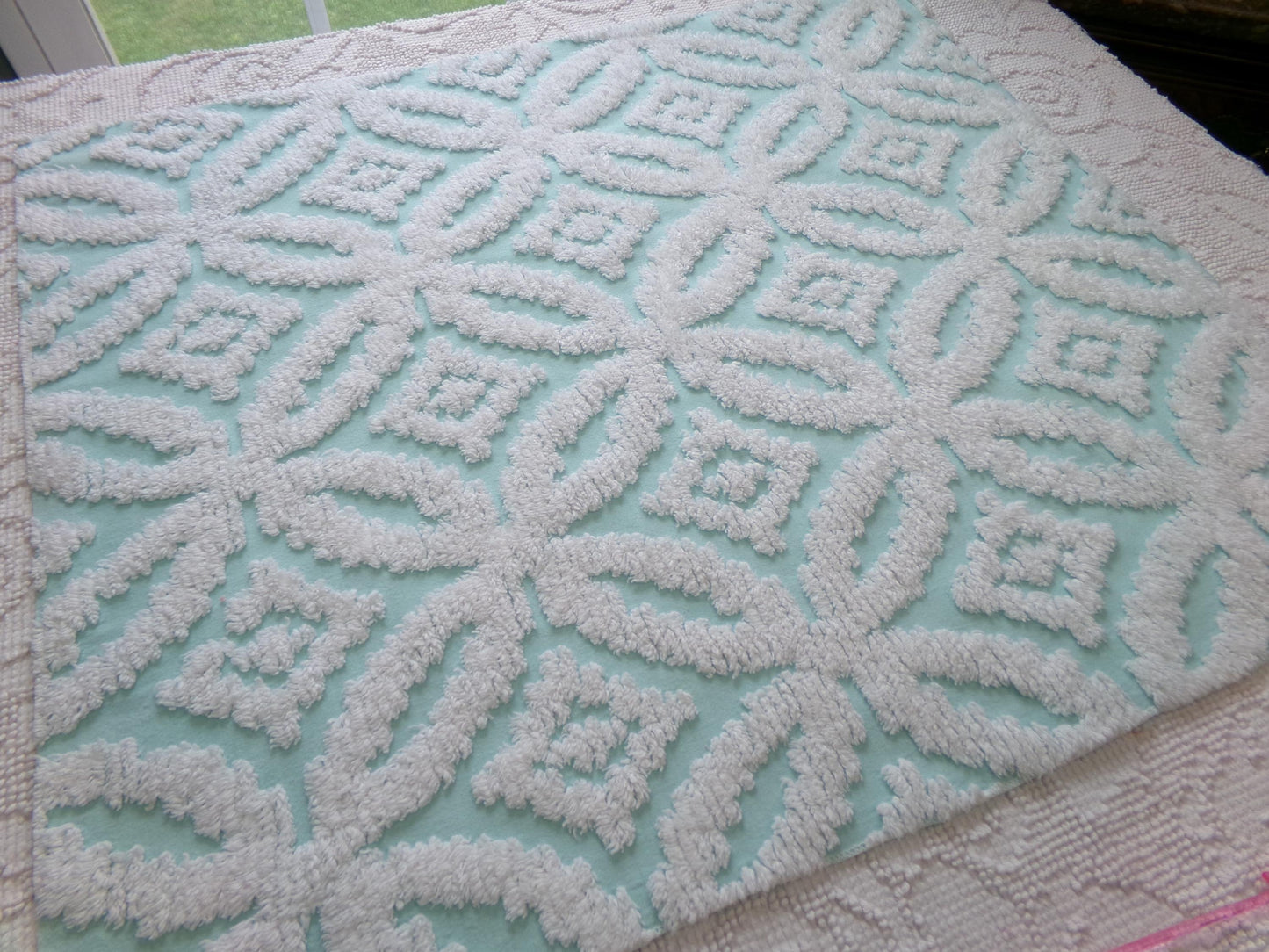 vintage aqua chenille fabric, white petals geometric design, 20" x 24" piece of sewing material