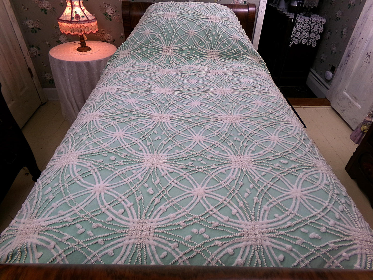 jade green pink rose vintage chenille bedspread, beautiful twin size shabby chic style bedding, great as a summer cottage coverlet