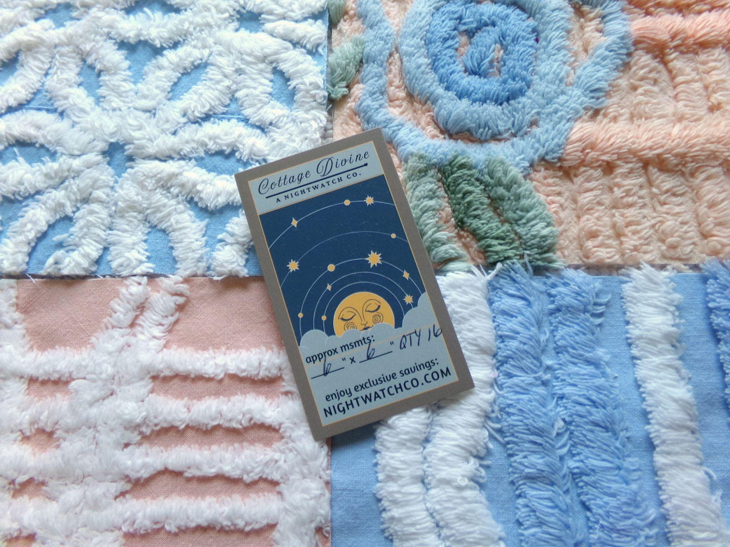chenille 6" fabric squares, blue, peach & white plush quilt blocks, rotary cut from vintage chenille bedspreads, set of 16