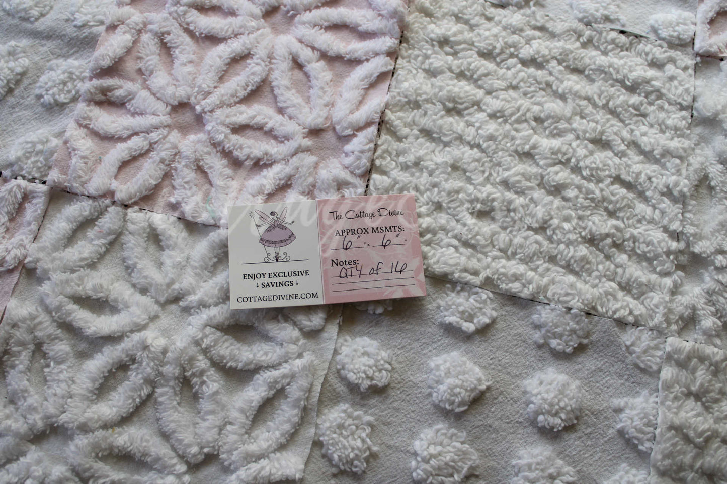 Baby's Breath Chenille Fabric Squares Set in White & Pink, Cut from Vintage Chenille Bedspread Material, 16 Blocks, 6" x 6" inch each