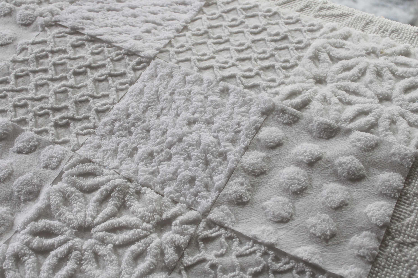 Fresh Snowfall Graceful White Chenille Quilt Squares Set, from Vintage Bedspread Fabric, 16 Blocks, 6" inch