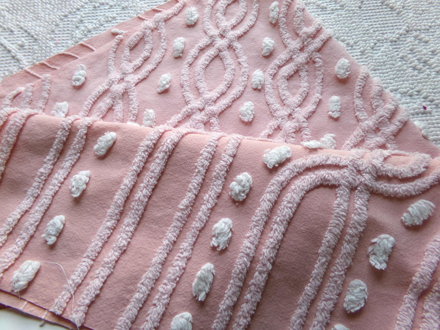 pink eternity link vintage chenille fabric, feminine romantic sewing material for quilts & pillows, 17" x 25" inch piece