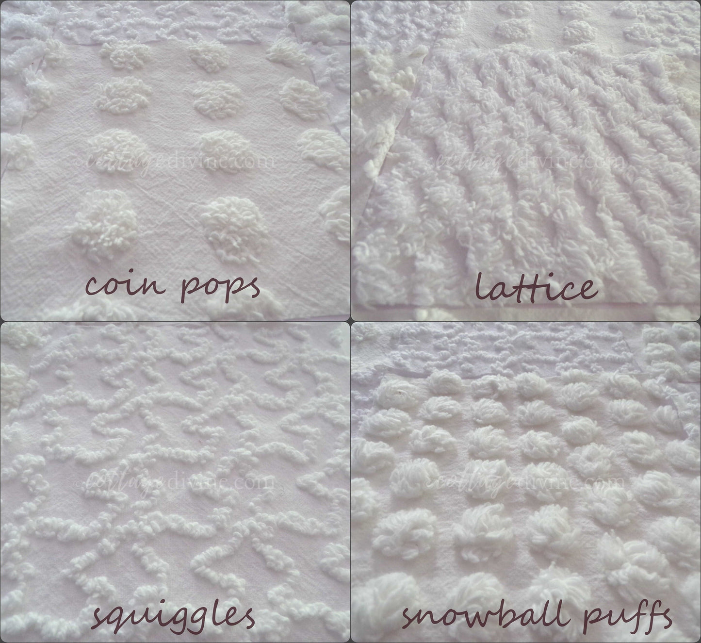 White Chenille Quilt Squares Set, "Serene Snowdrifts" from Vintage Bedspread Fabric, 16 Blocks, 6" inch
