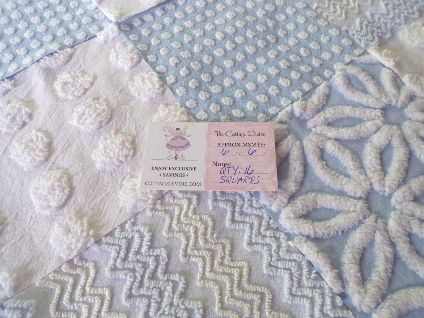 Blue Quilt Squares Set, Rotary Cut from Vintage Chenille Bedspread Fabric, 16 Blocks, 6" x 6" inch