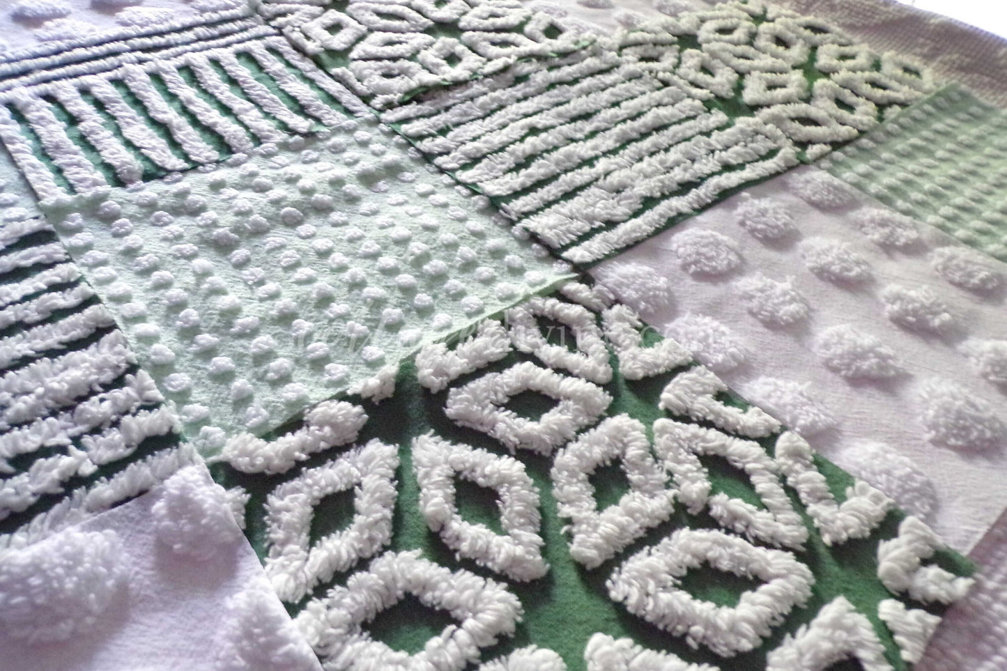 Lucky Star Quilt Squares Set, Rotary Cut from Vintage Chenille Bedspread Fabric, 16 Blocks, 6" x 6" inch, Green & White