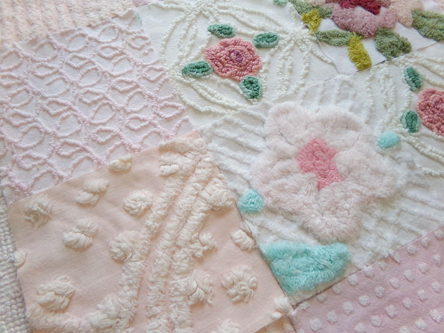 fairy flowers chenille fabric squares, set of 16 vintage craft quilt blocks 6" inches ea, soft pink, peach & floral