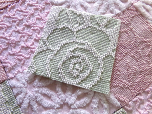 Garden Walk Chenille Quilt Squares Set from Vintage Bedspread Fabric, 16 Blocks, 6" inch in Sage Green, Pink, Rose Mist & Whispers of White