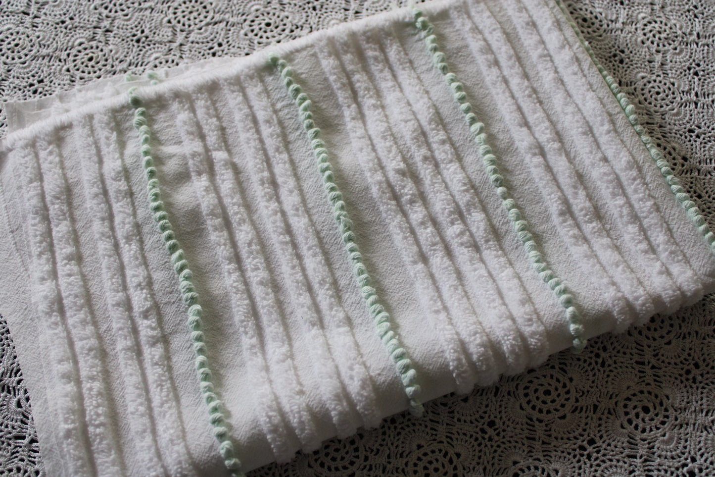 Mint Green Pearl Pops Vintage Chenille Quilt Fabric, White Skinny Stripes, 17" x 23" inch Piece, 100% Cotton
