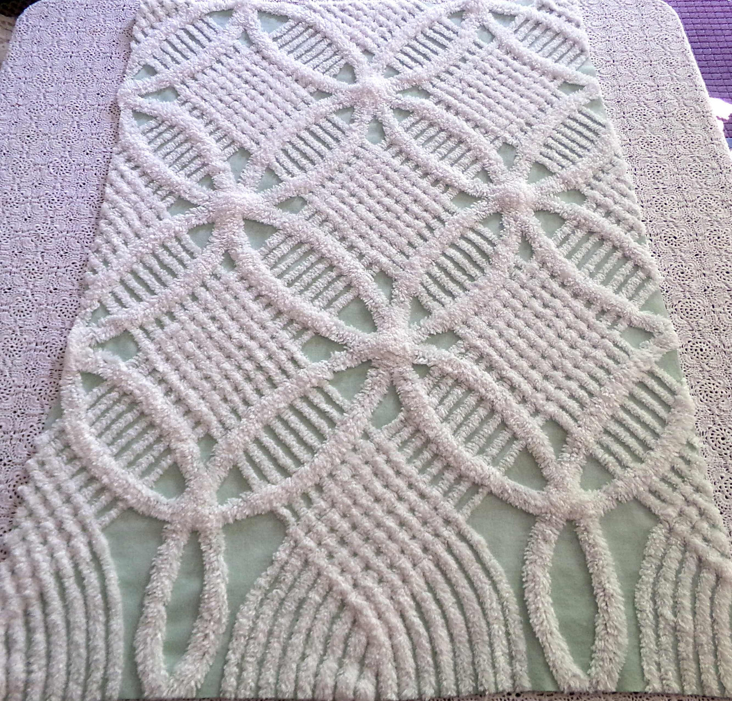 Mint Green Vintage Chenille Quilt Fabric, 21" x 30" inch Piece, White Geometric Wedding Ring Pattern