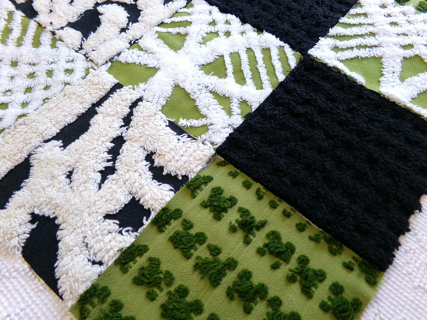 goblin green & black vintage chenille fabric squares, set of 16 boho 6" quilt blocks for crafts, sewing, diy pillow covers