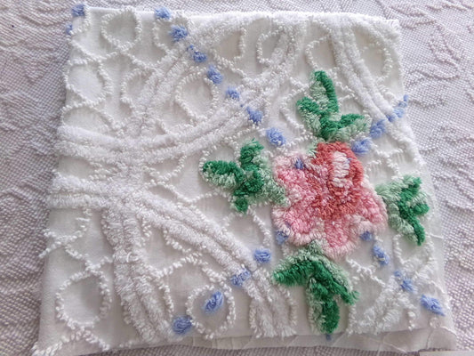 lovely cottage style floral fabric, 25" x 28" inch piece cut from vintage chenille bedspread, pink rose on white geometric loops & blue pops