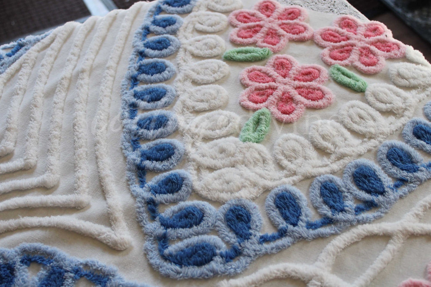 Adorable Pink & Blue Heart Roses Vintage Chenille Fabric, Classic 50s Design, 39" x 23" inch LARGE piece
