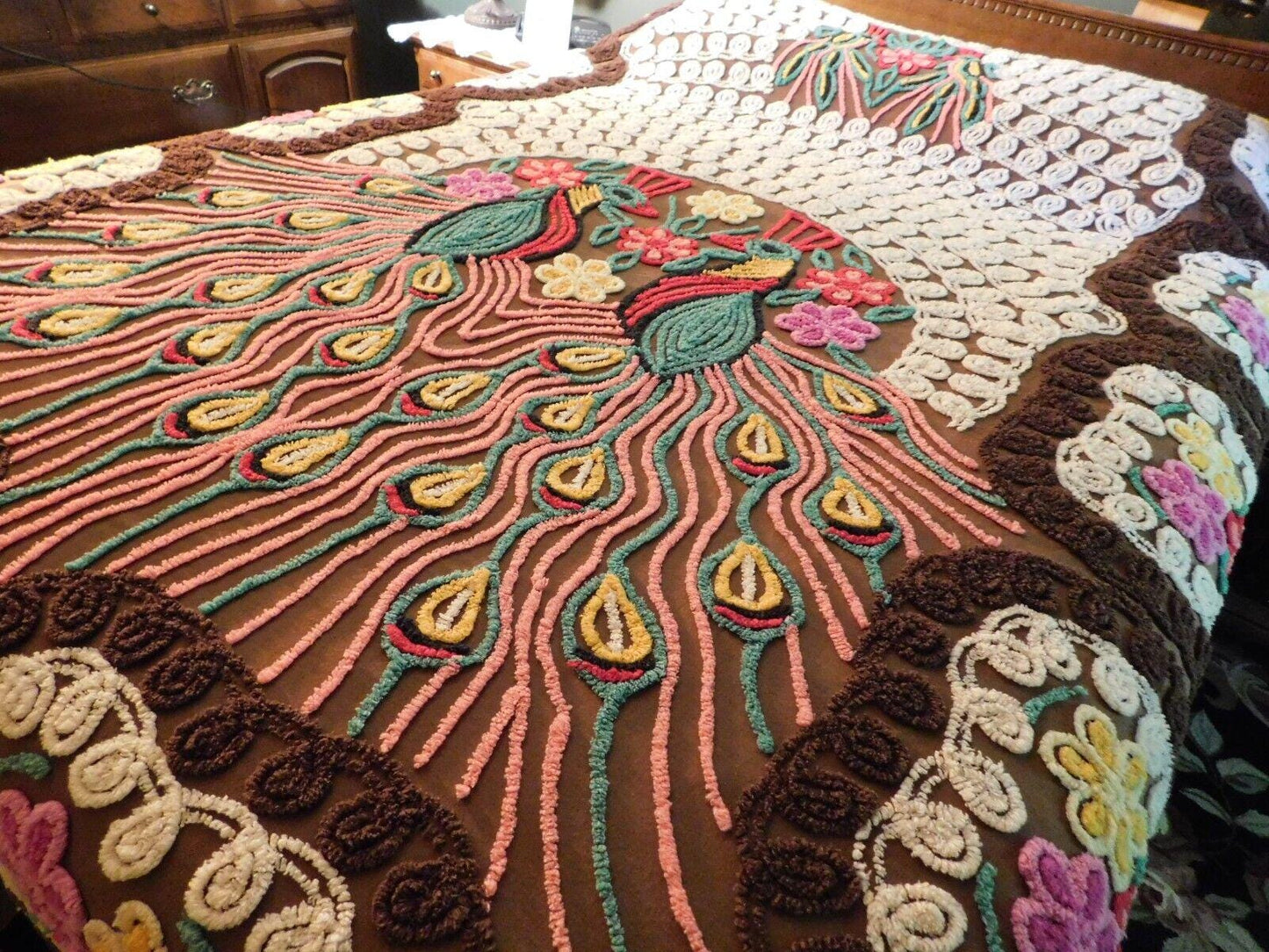 Iconic Vintage Peacock Chenille Bedspread, Rainbow Lovebirds & Hearts, FULL Size