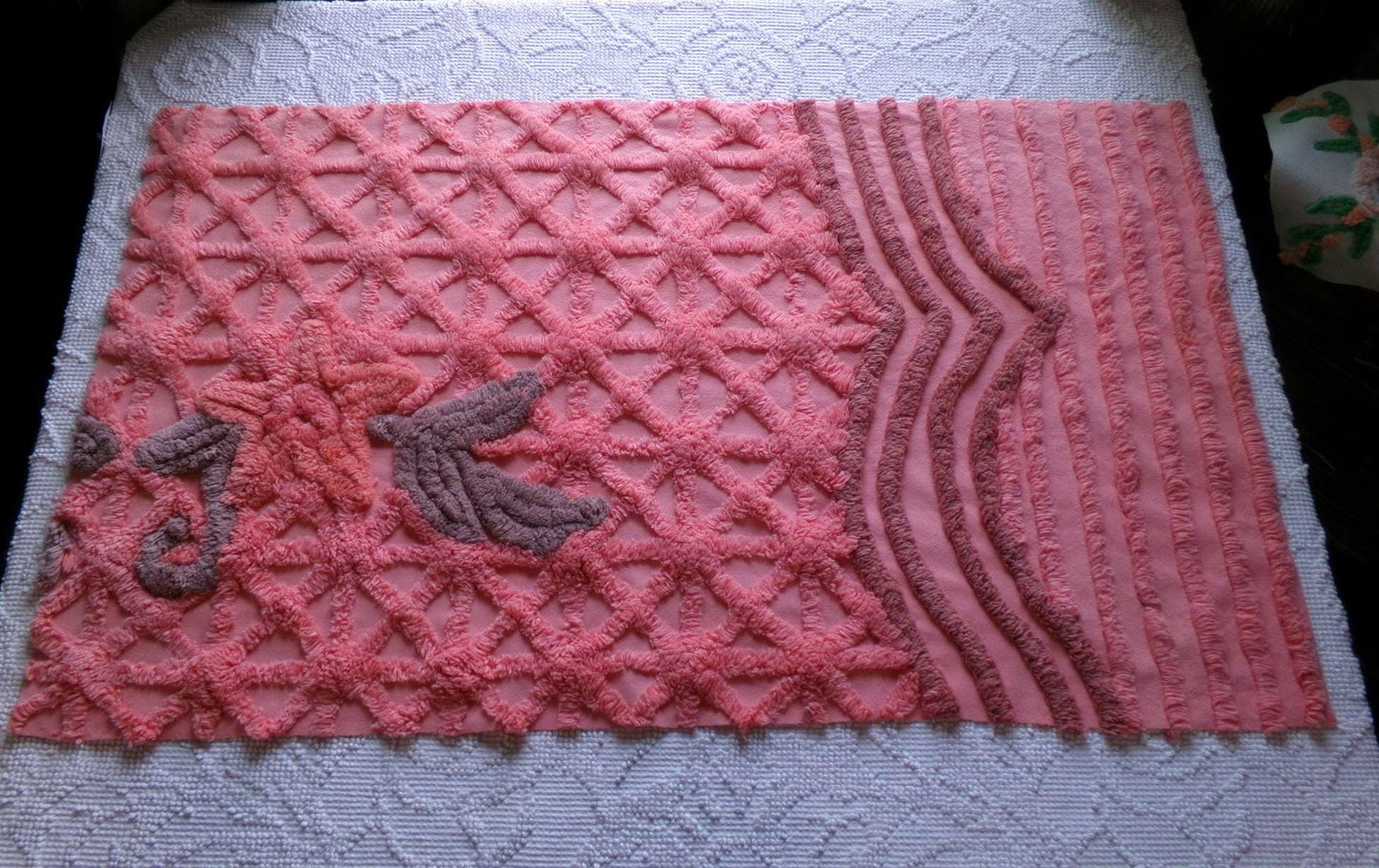 peach twinkles vintage chenille fabric panel in shabby starburst pattern, pretty sewing material for quilts & pillows, 30" x 17" inch piece