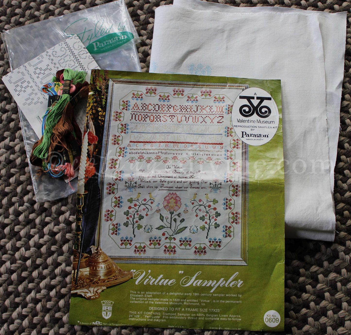 Rare VIRTUE Embroidery Sampler, Paragon Needlecraft Valentine Museum Reproduction, Vintage Cross Stitch Stitchery Kit # 0609, Belgian Linen