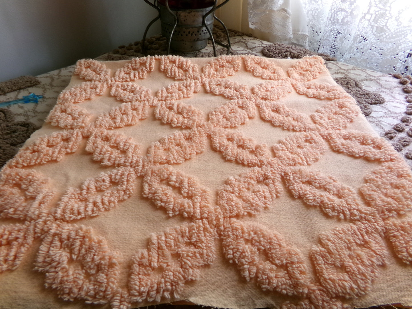 Peach Petals Vintage Chenille Quilt Fabric, 25" x 24" inch Piece, Raised Geometric Floral Pattern