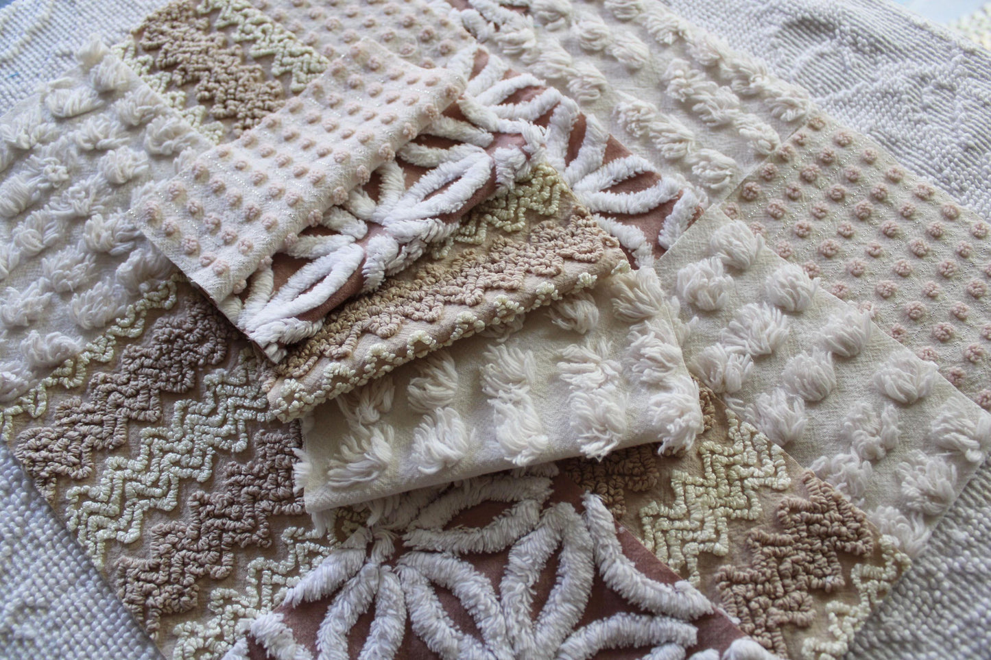 creamy vanilla mocha chenille fabric squares, set of 16 vintage quilt blocks 6" inches ea, daisy, squiggle, puffy pop texture