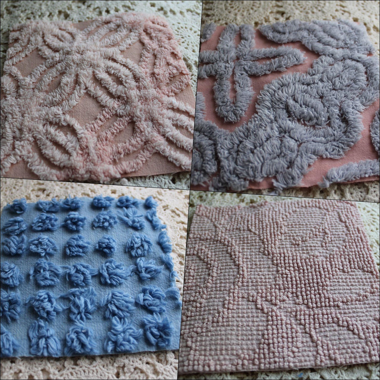 starry twilight chenille fabric squares, set of 16 vintage quilt blocks 6" inches ea, dreamy serene blue, rose mist, pink shades