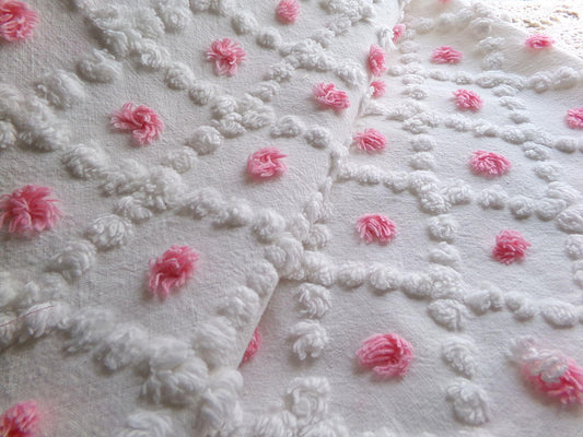 cutie pink pops vintage chenille fabric, adorable tufted white popcorns, 18" x 24" inch piece of cotton quilt material for sewing & crafts