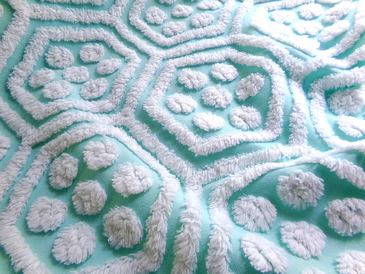 Plush Puffs Vintage Chenille Fabric, 20" x 25" Inch Aqua & White Piece, Rare Geometric Hexagon Design by Hofmann Textiles