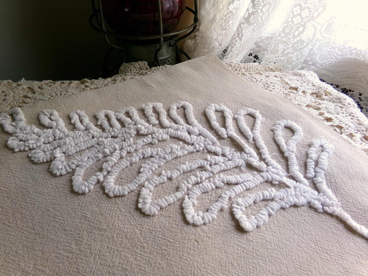 falling leaves vintage chenille fabric, 24" x 21" inch piece, simple shabby needletuft large leaf design on mocha