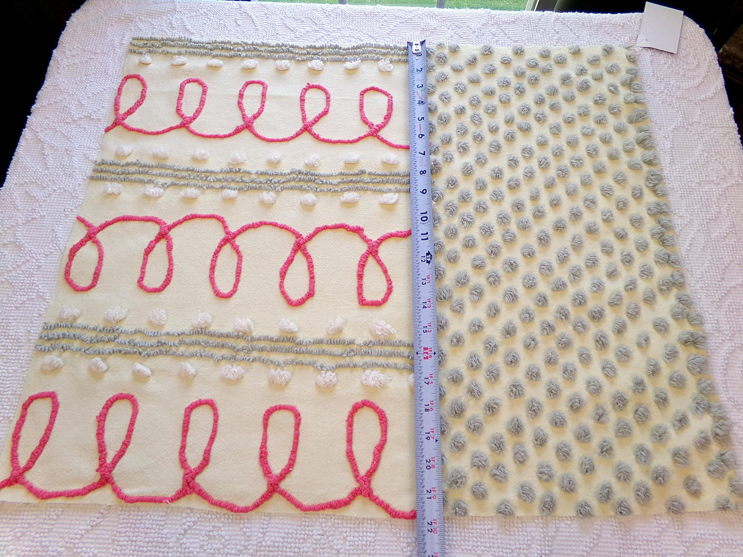 doodles & dots vintage chenille fabric, red loops w/ grep pops on buttery yellow, 20" x 24" cut piece