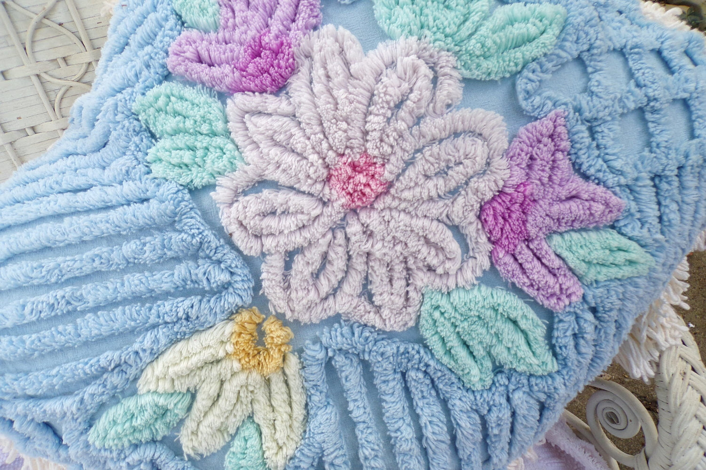 Cottage Blue Floral Chenille Pillow Cover 17" x 17" inch Square, REVERSIBLE Accent Fringe Pillow from Vintage Chenille Bedspread Fabric