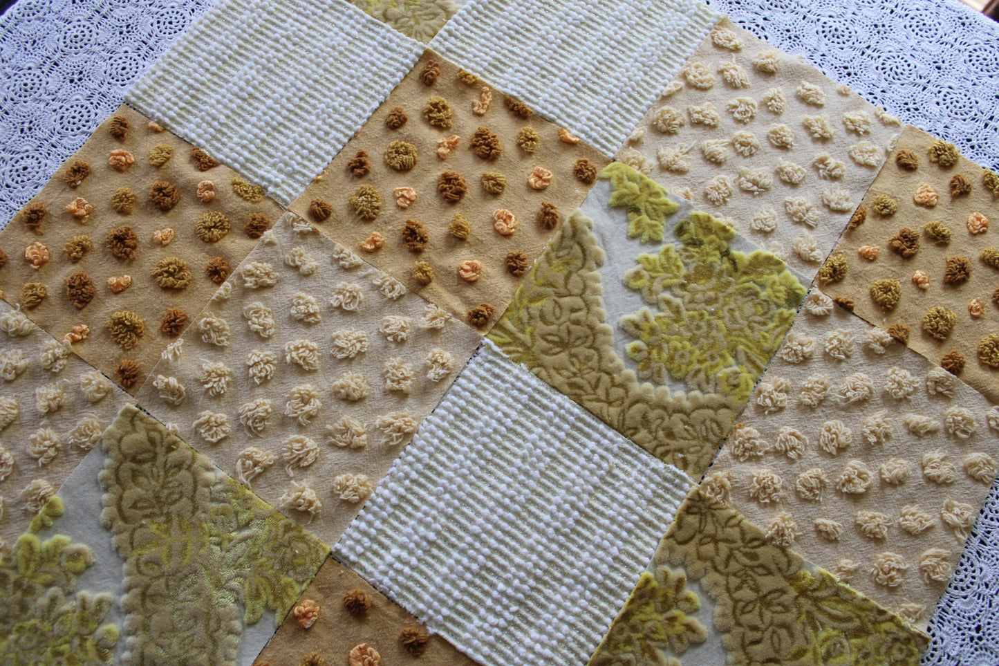 Golden Glow Chenille & Velvet Quilt Squares Set, from Vintage Bedspread Fabric, 16 Blocks, 6" x 6" inches each, Shades of Gold, Yellow