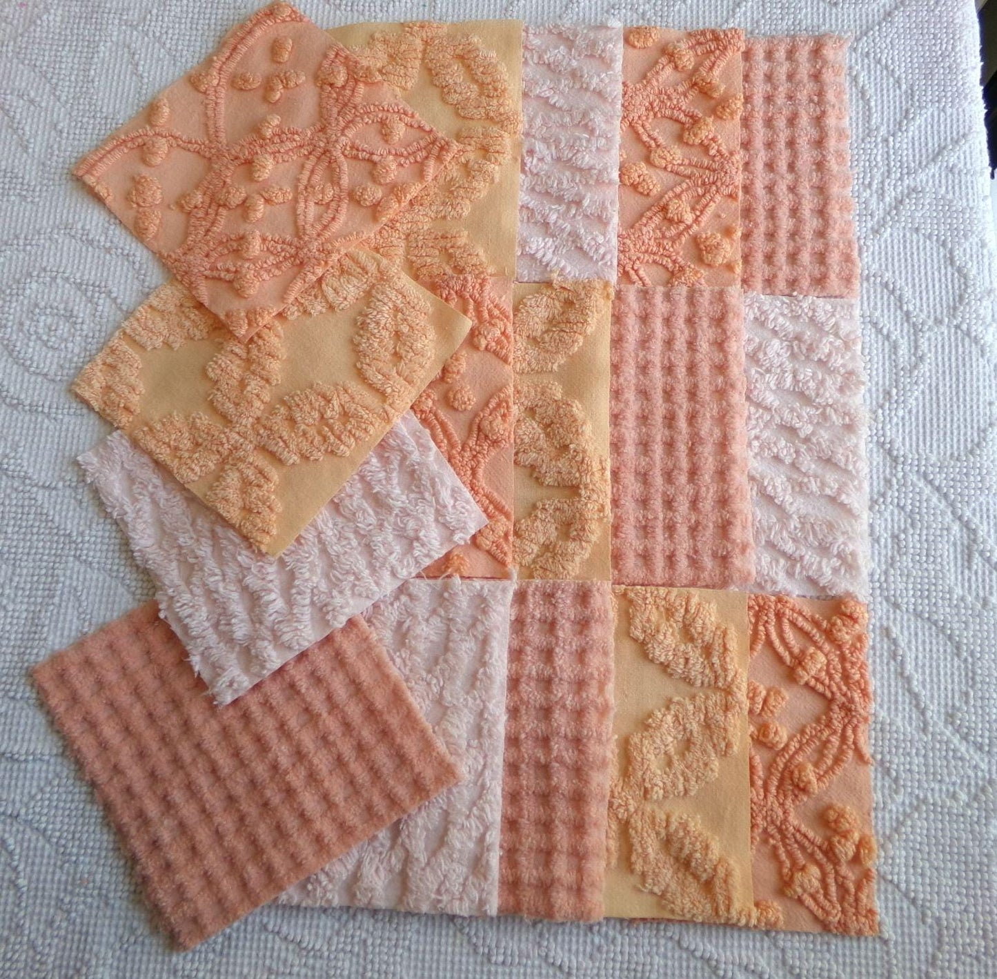 bliss peach chenille fabric squares, set of 16 vintage craft quilt blocks 6" inches, geometric designs for quilt inlays, pillows, fiber arts