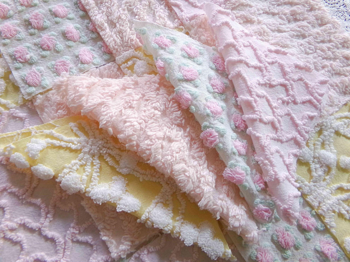 Whispers of Spring Vintage Chenille Fabric Squares Set 16 Blocks, 6" inch ea in Peach, Yellow, Pink & White daisies, rosebud, lattice, pops