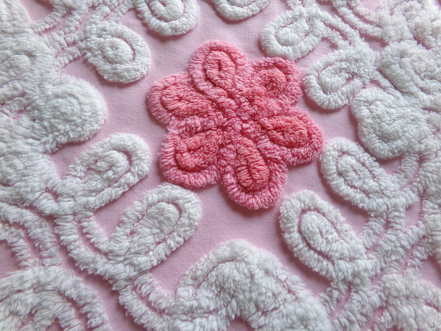 fluffy flowers vintage chenille fabric, plush pink & white sewing material, 19" x 22" inch piece for pillows, quilts, fiber arts