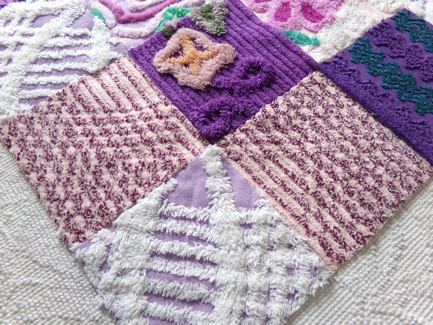 mystic moon vintage 6" chenille squares, set of 16 quilt blocks rotary cut from vintage chenille bedspread fabrics for quilt inlays, pillows