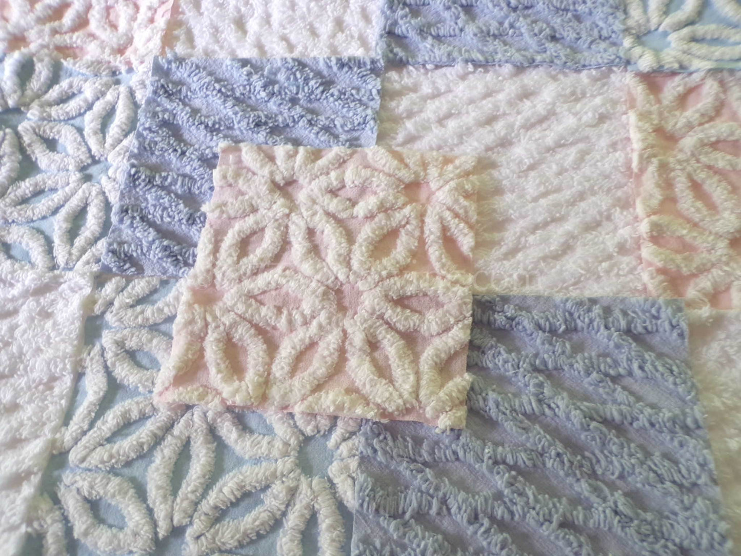 Fluffy Soft 6" Chenille Fabric Squares, Set of 16 Quilt Blocks, Pink, Blue & White Daisy Designs Cut from Vintage Chenille Bedspreads