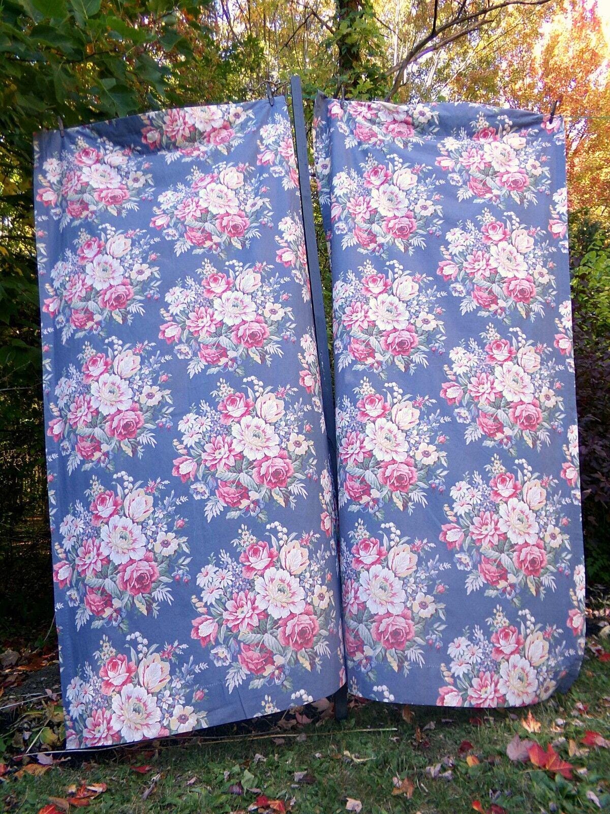 Lot of 3 Pair Ralph Lauren Kimberly Drapes Window Curtains, 6 Panels of Vintage Blue Floral Drapery Panels