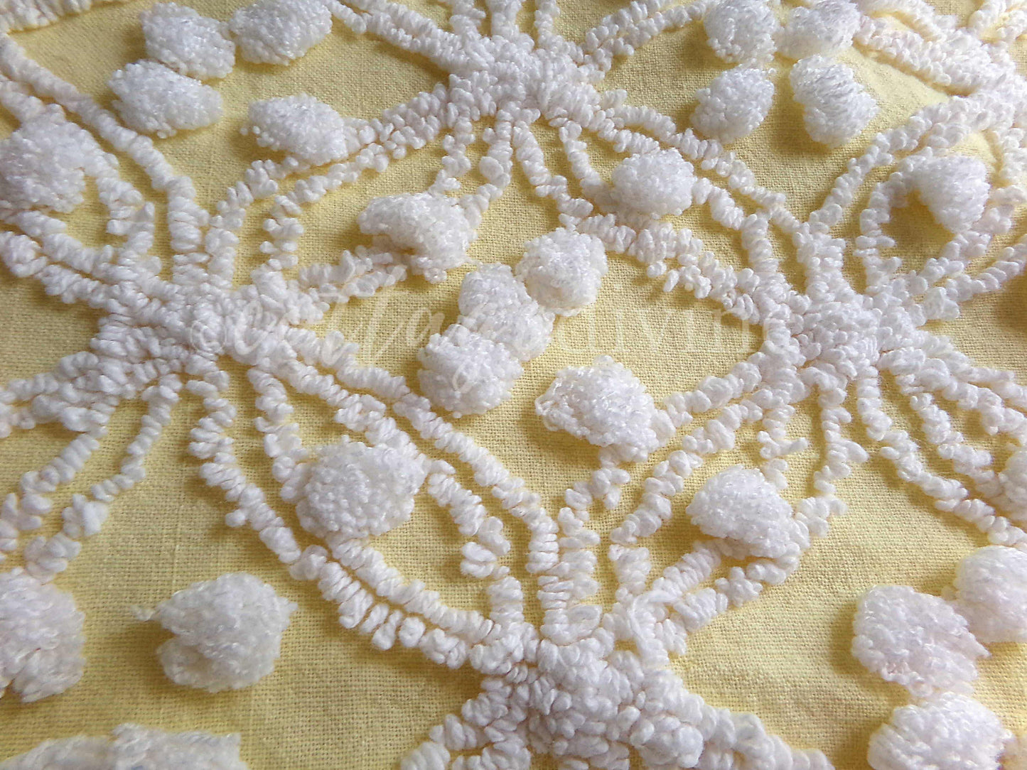Sunny Yellow Vintage Chenille Fabric, White Geometric Wedding Ring & Pop Design, 20" x 24" Inch Piece, Popular in Handmade Quilts