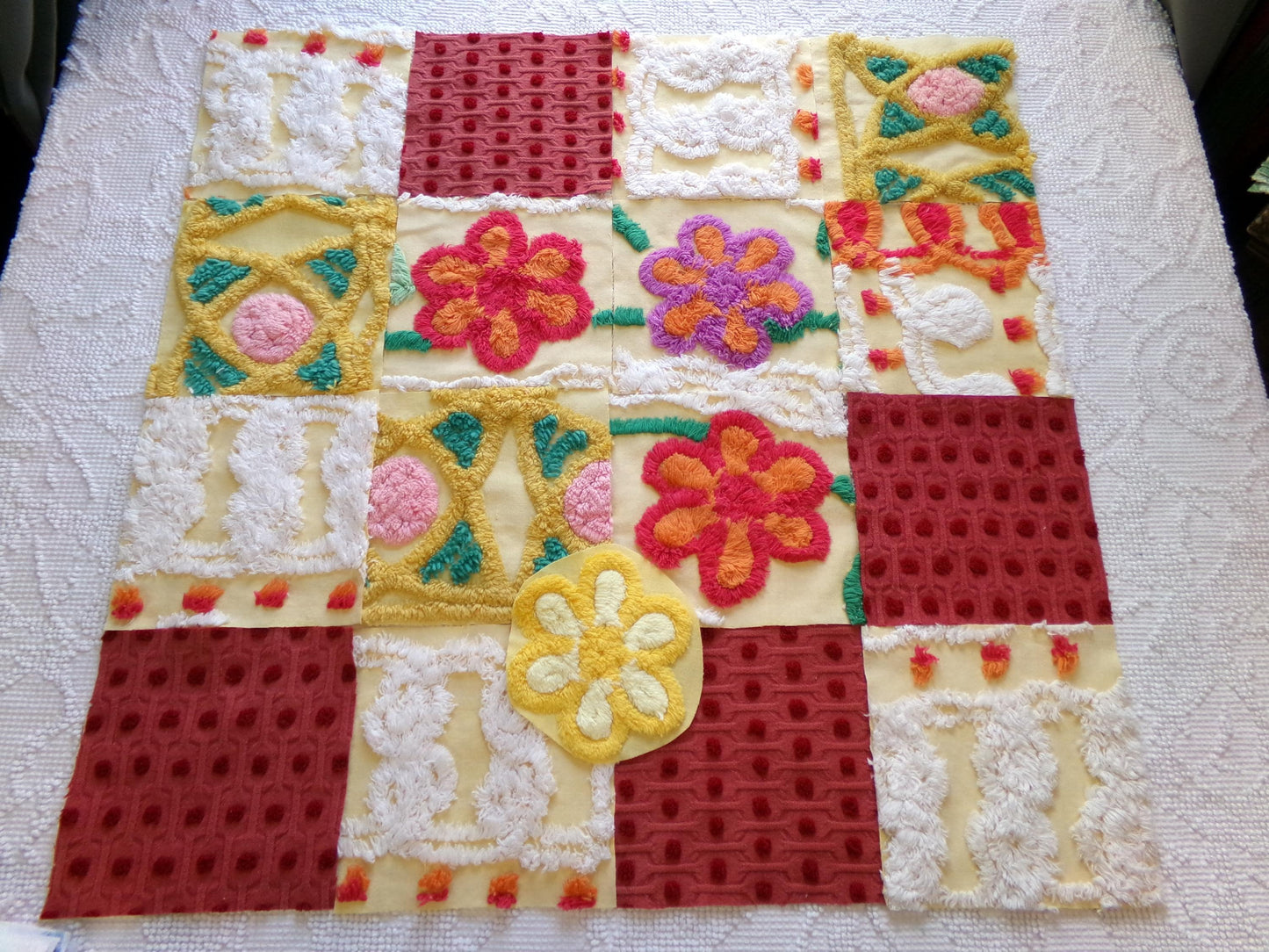 16 vintage 6" chenille fabric squares, set of yellow red quilt blocks, roses & sunshine