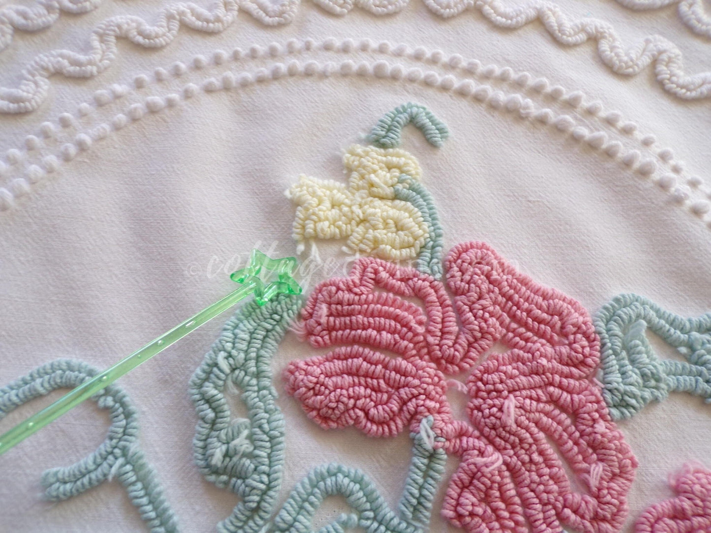 Romantic Cottage Chic Lily Vintage Chenille Quilt Fabric Piece, 19" x 26" inches, Pretty in Pillows