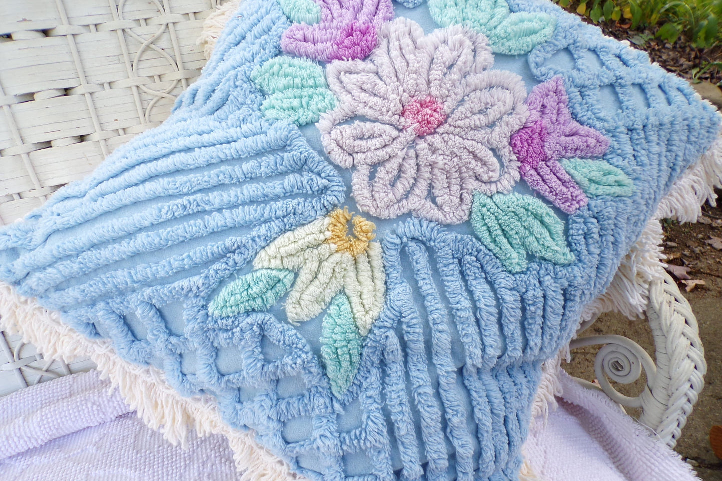 Cottage Blue Floral Chenille Pillow Cover 17" x 17" inch Square, REVERSIBLE Accent Fringe Pillow from Vintage Chenille Bedspread Fabric