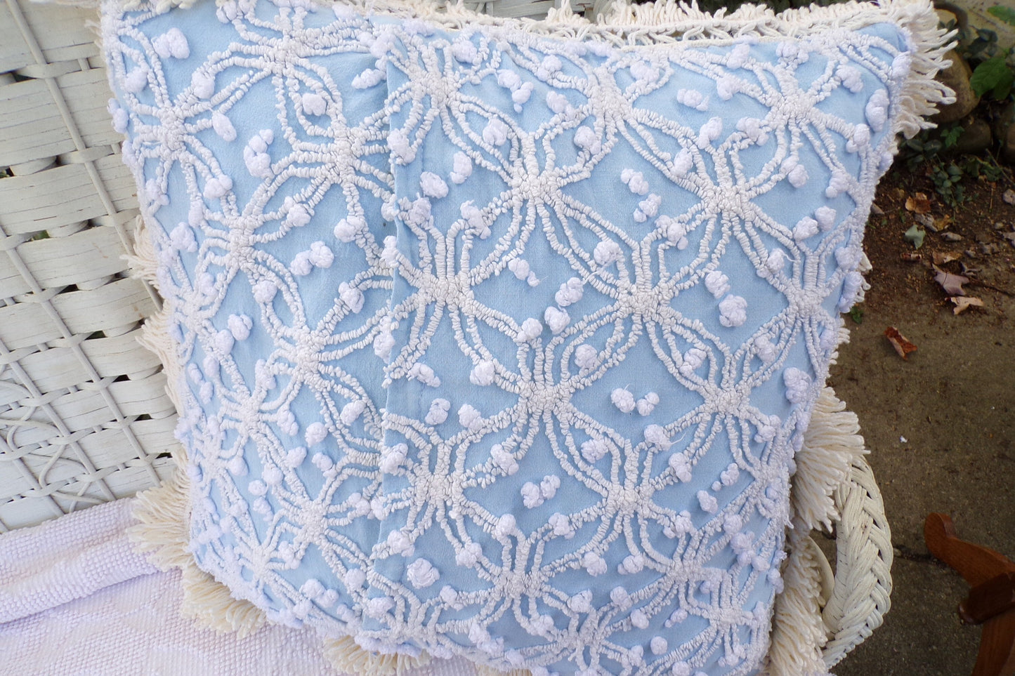 Cottage Blue Floral Chenille Pillow Cover 17" x 17" inch Square, REVERSIBLE Accent Fringe Pillow from Vintage Chenille Bedspread Fabric