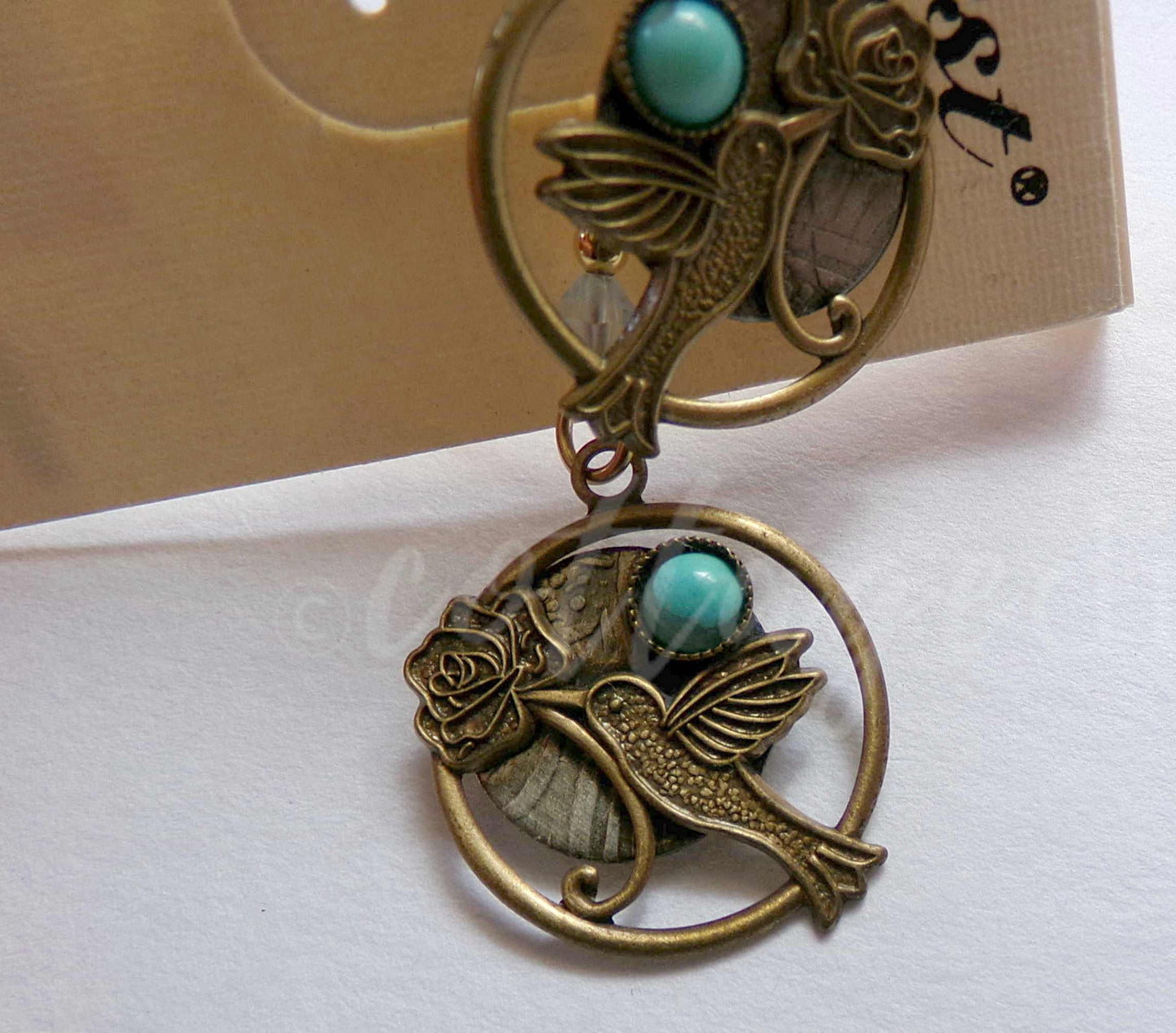 Hummingbird Rose Pierced Dangle Earrings, Turquoise Accent Vintage Style Silver Forest Vermont Boho Design