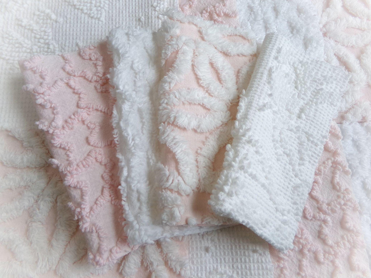 pink & white vintage 6" chenille squares, set of 12 quilt blocks in a lovely selection of popular patterns for sewing, crafts