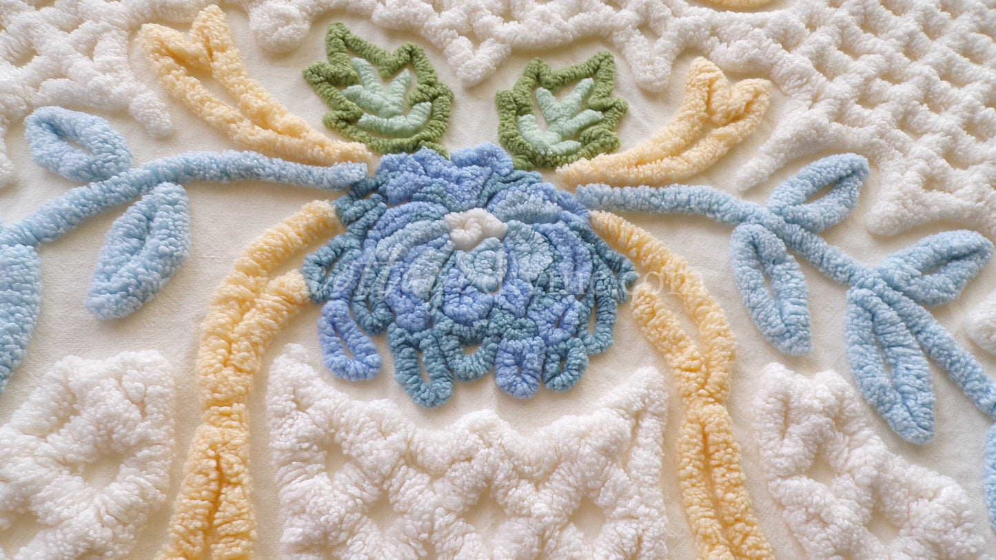 Luxury Buttercream Vintage Chenille Bedspread in Heirloom Garden Wildflowers, Full Size Boxed Fit Design with Ruffle Skirt