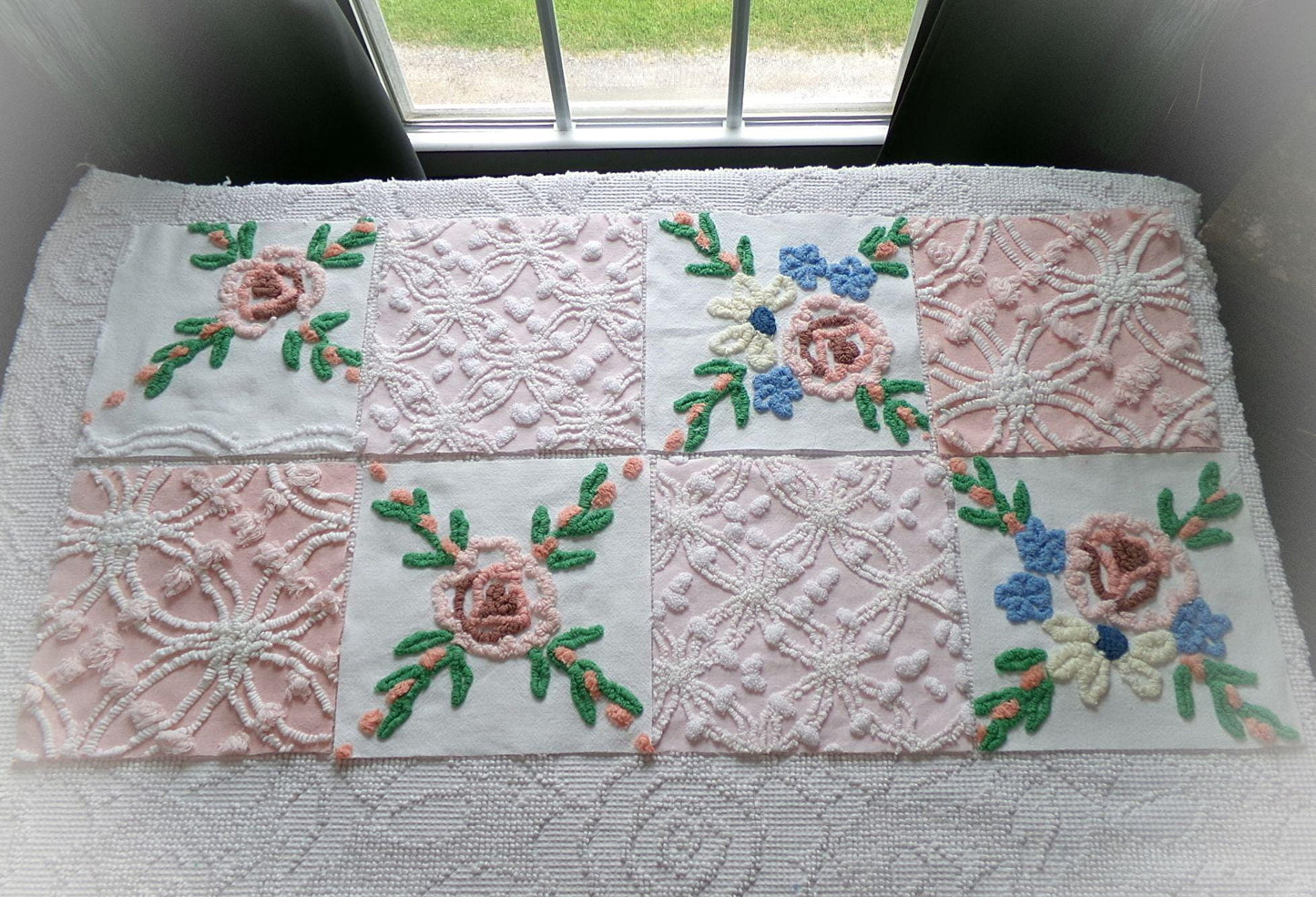 shabby fantasy florals chenille fabric squares, set of 8 vintage 7.5" quilt blocks, pink & white wildflowers for sewing, crafts, quilting