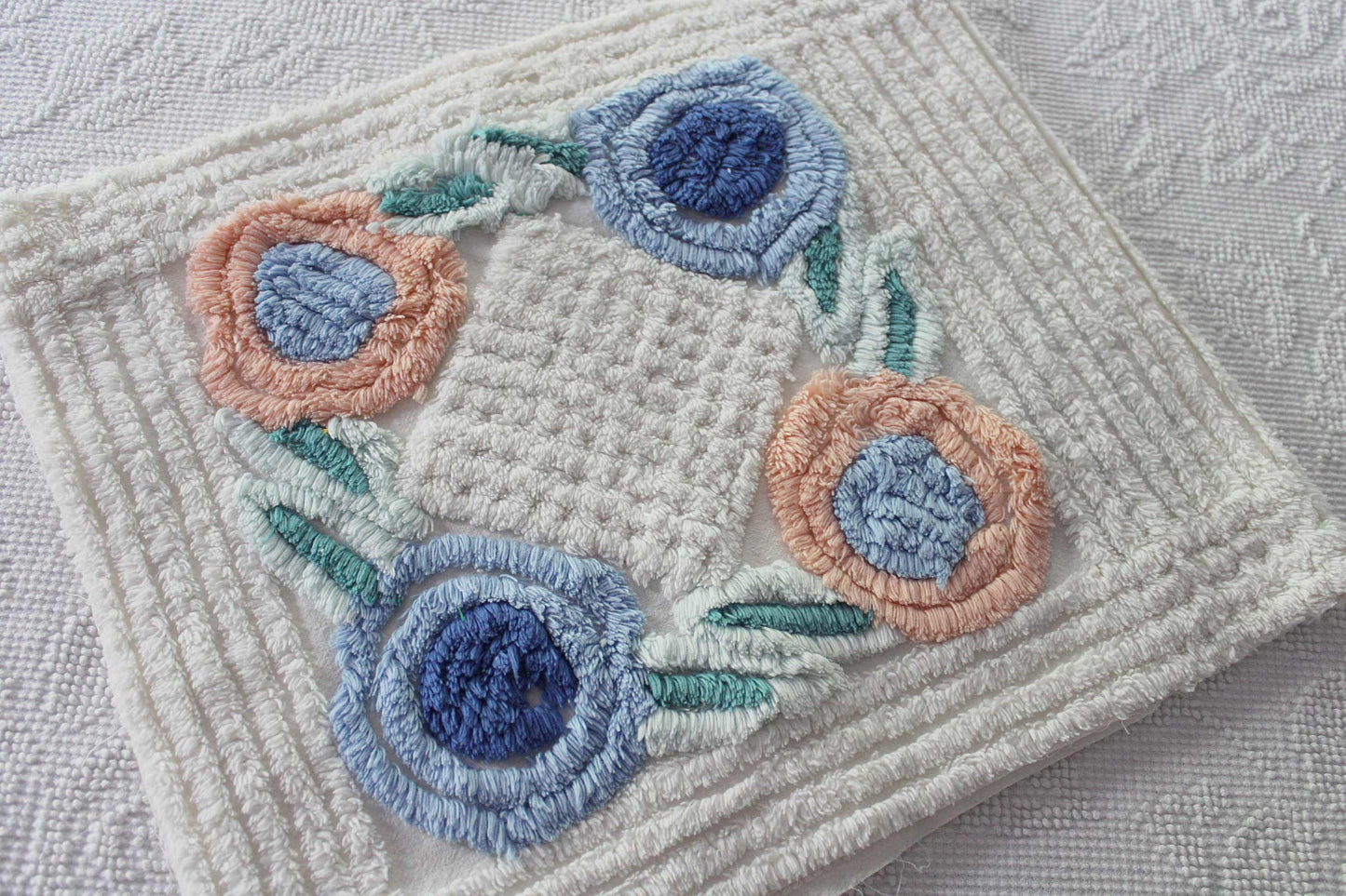 Pretty Vintage Chenille Fabric in Two Tone Blue & Iced Peach Roses on White, 13" x 30" inch Piece, Ideal for DIY Pillow Covers