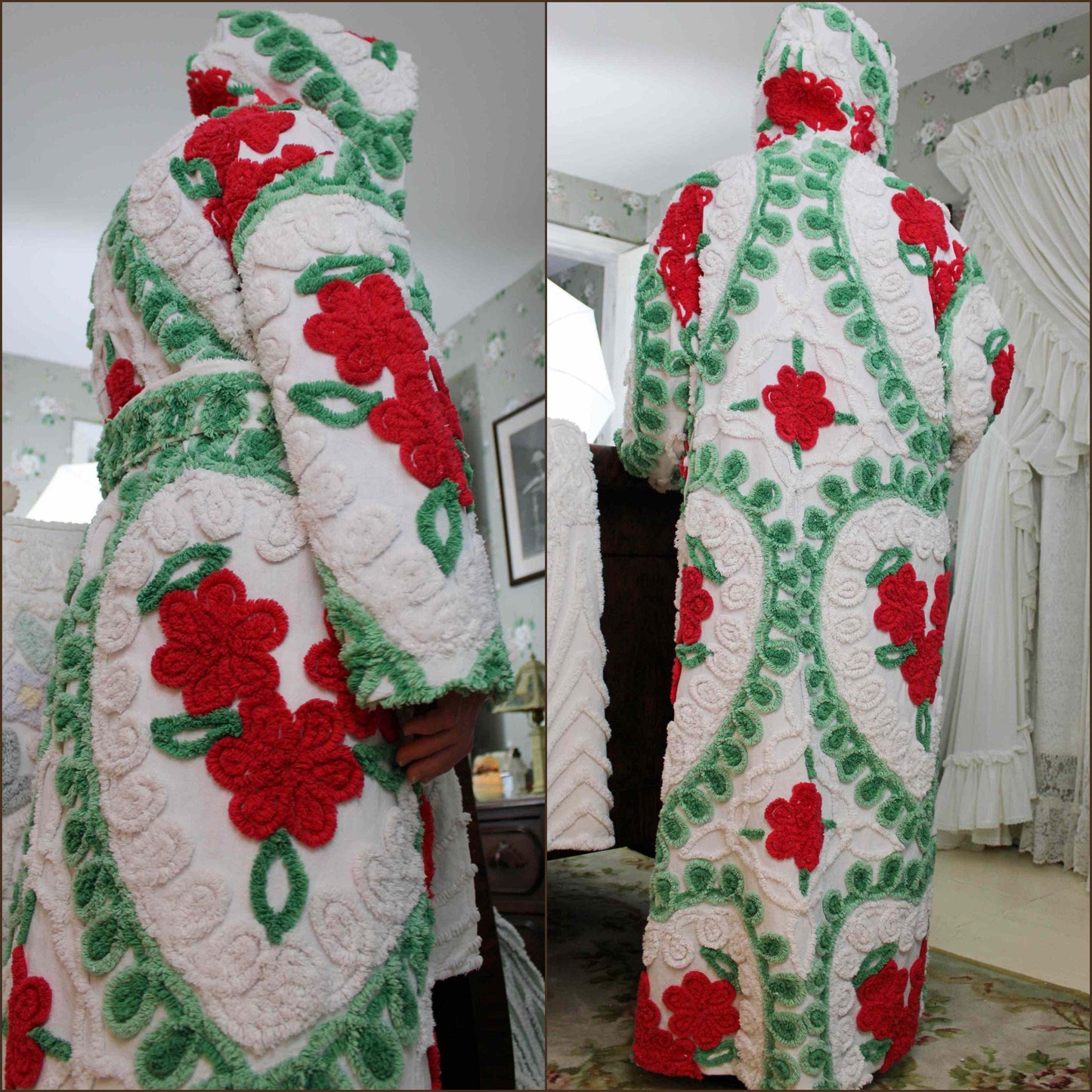 Winter Rose HOODED Chenille Robe, Green Hearts & Red Roses Bathrobe Upcycled from Vintage Midcentury Chenille Bedspread, Medium Large
