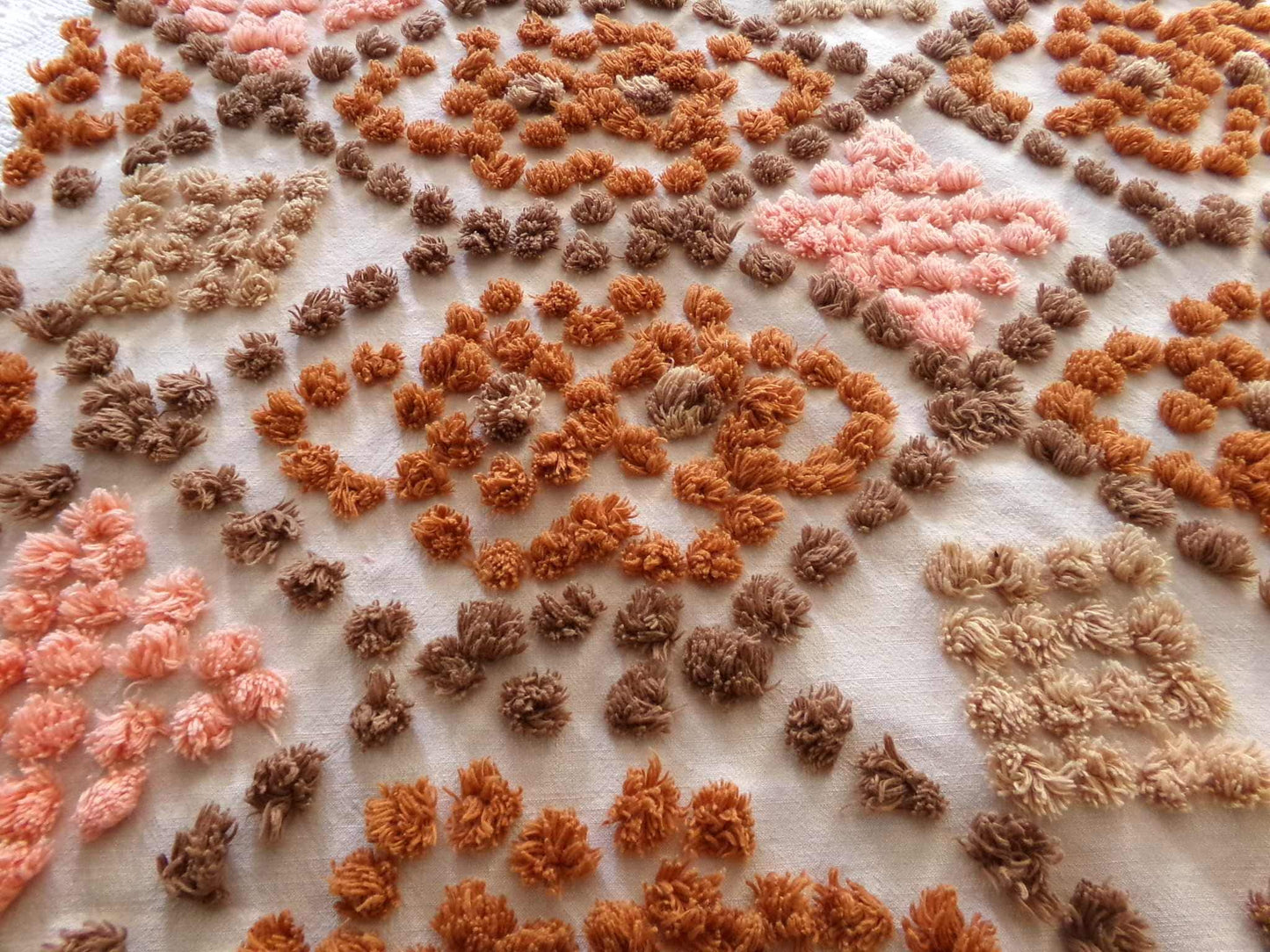 boho vintage chenille fabric, earthtones toasted brown, rust, sunset peach, 21" x 24" cut piece hippie style cotton sewing material