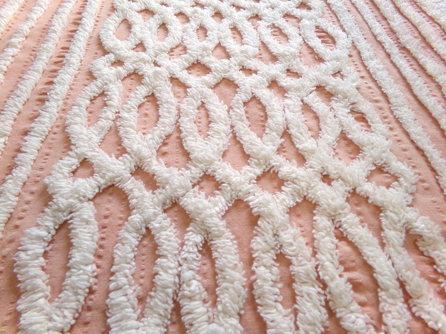 vintage chenille fabric: white geometric on peach cotton seersucker, 20" x 24" cut piece